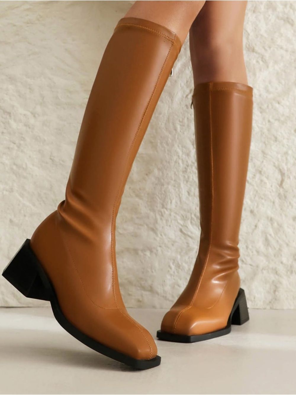 (D) Vivianly women knee-high boots with chunky block heel,square and zipper, S 9